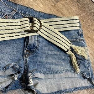 Natural fiber handcrafted loom woven tan and navy belt fits up to 38 inches